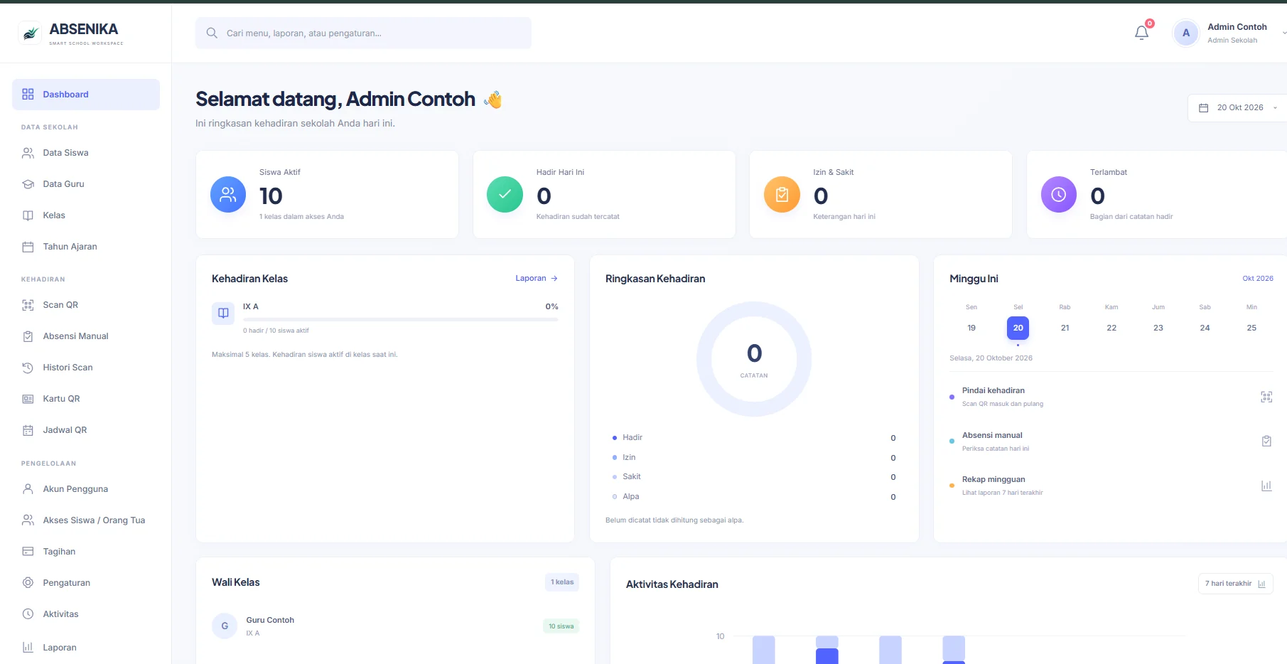 Screenshot dashboard ABSENIKA asli: menu sekolah, statistik siswa dan ringkasan kehadiran dari akun sekolah contoh