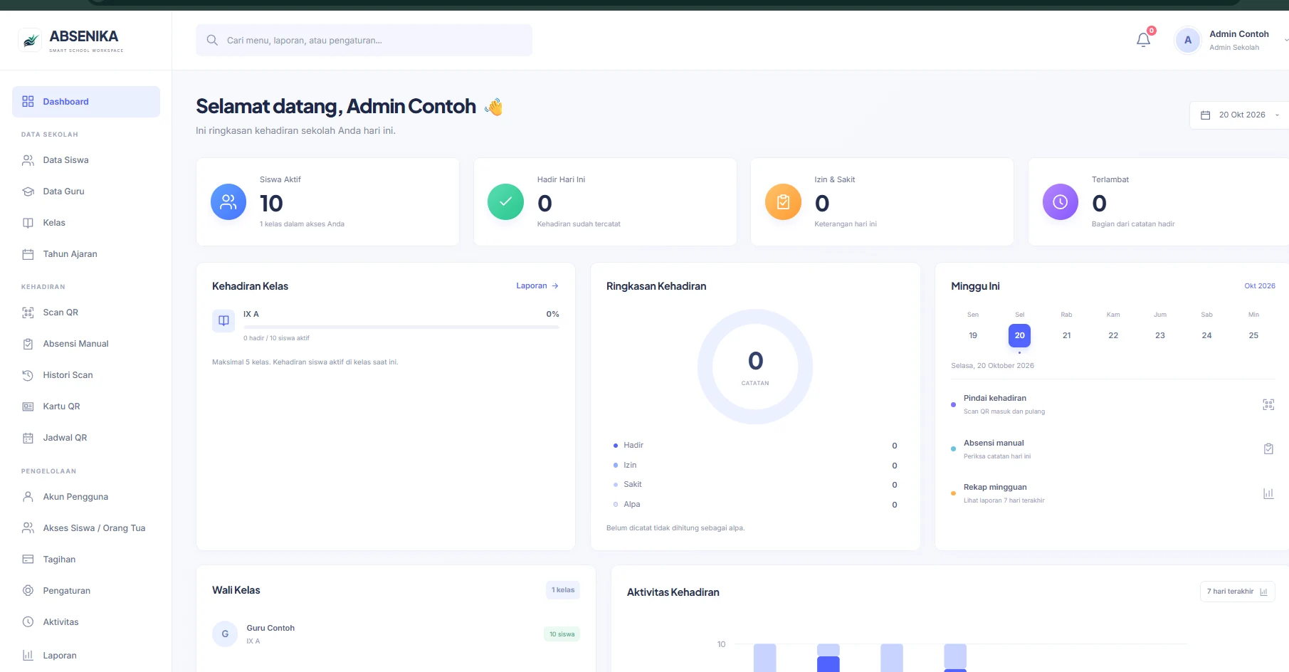 Tampilan dashboard ABSENIKA asli dengan sidebar putih, ringkasan siswa, grafik kehadiran dan jadwal sekolah contoh